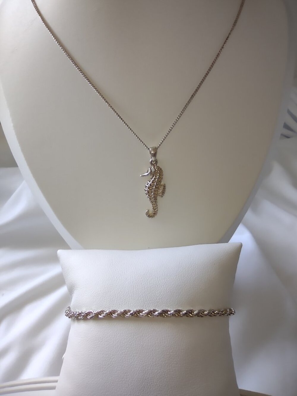 3 Piece-Set- Seahorse Pendant + Chain 19.5"L + Rope Chain Bracelet 7"L SS925